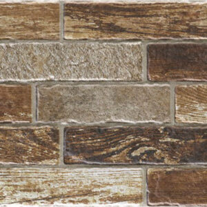 Panel de revestimiento cerámico tipo ladrillo con textura madera y piedra en tonos marrones.
