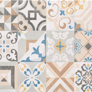 Mosaico de azulejos hidráulicos con motivos geométricos y florales en tonos azul, beige y gris