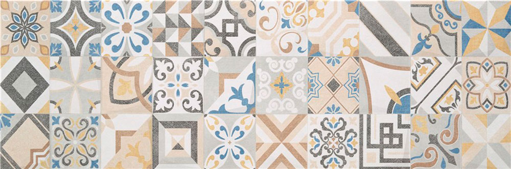 Mosaico de azulejos hidráulicos con motivos geométricos y florales en tonos azul, beige y gris