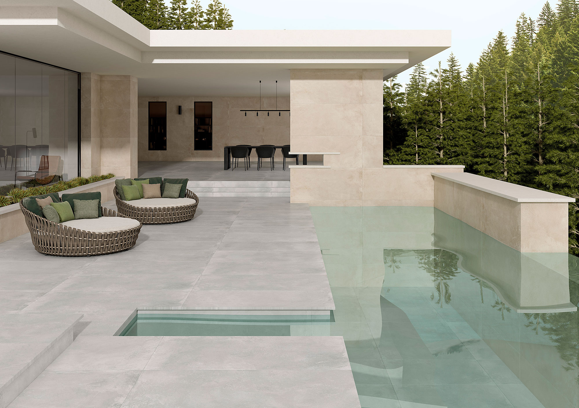 Exterior_Sonder_60x120-20mm Terraza de grandes pavimentos cerámicos gris claro, piscina y tumbonas redondas con cojines verdes