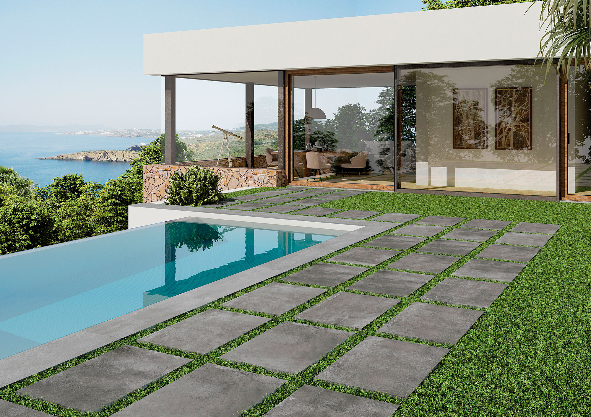 Exterior_Sonder_60x90_HD-ANTHRACITE Terraza con piscina y pavimento cerámico de losas grises sobre césped