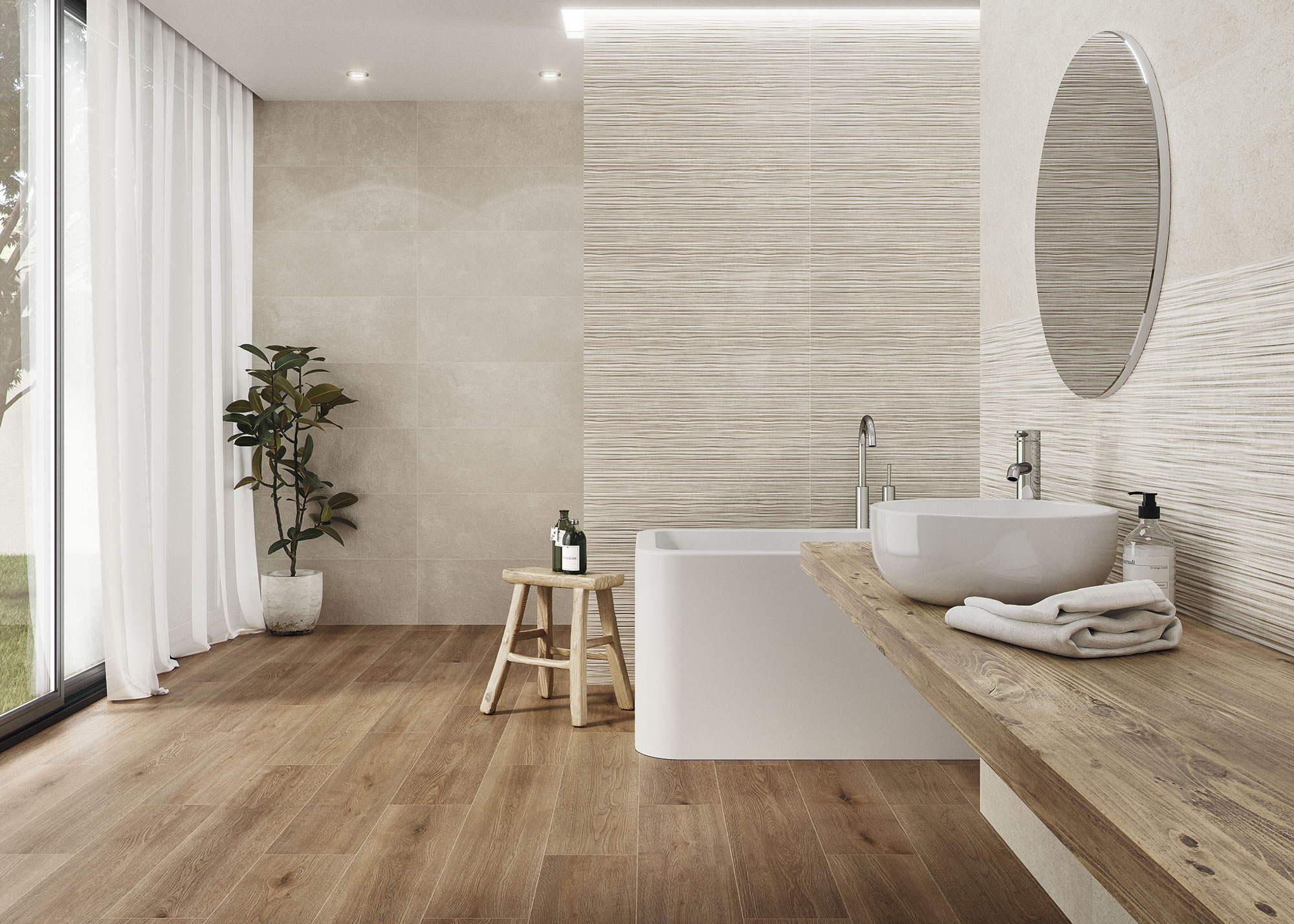 Baño de exposición con suelo cerámico efecto madera, revestimientos texturados, bañera y lavabo