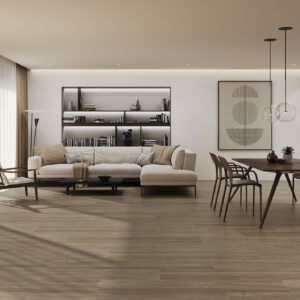 Interior de tienda con suelos cerámicos efecto madera, sofá claro y mesa de comedor