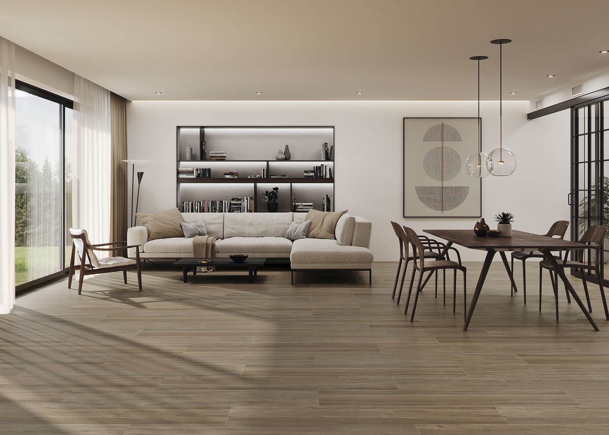 Interior de tienda con suelos cerámicos efecto madera, sofá claro y mesa de comedor