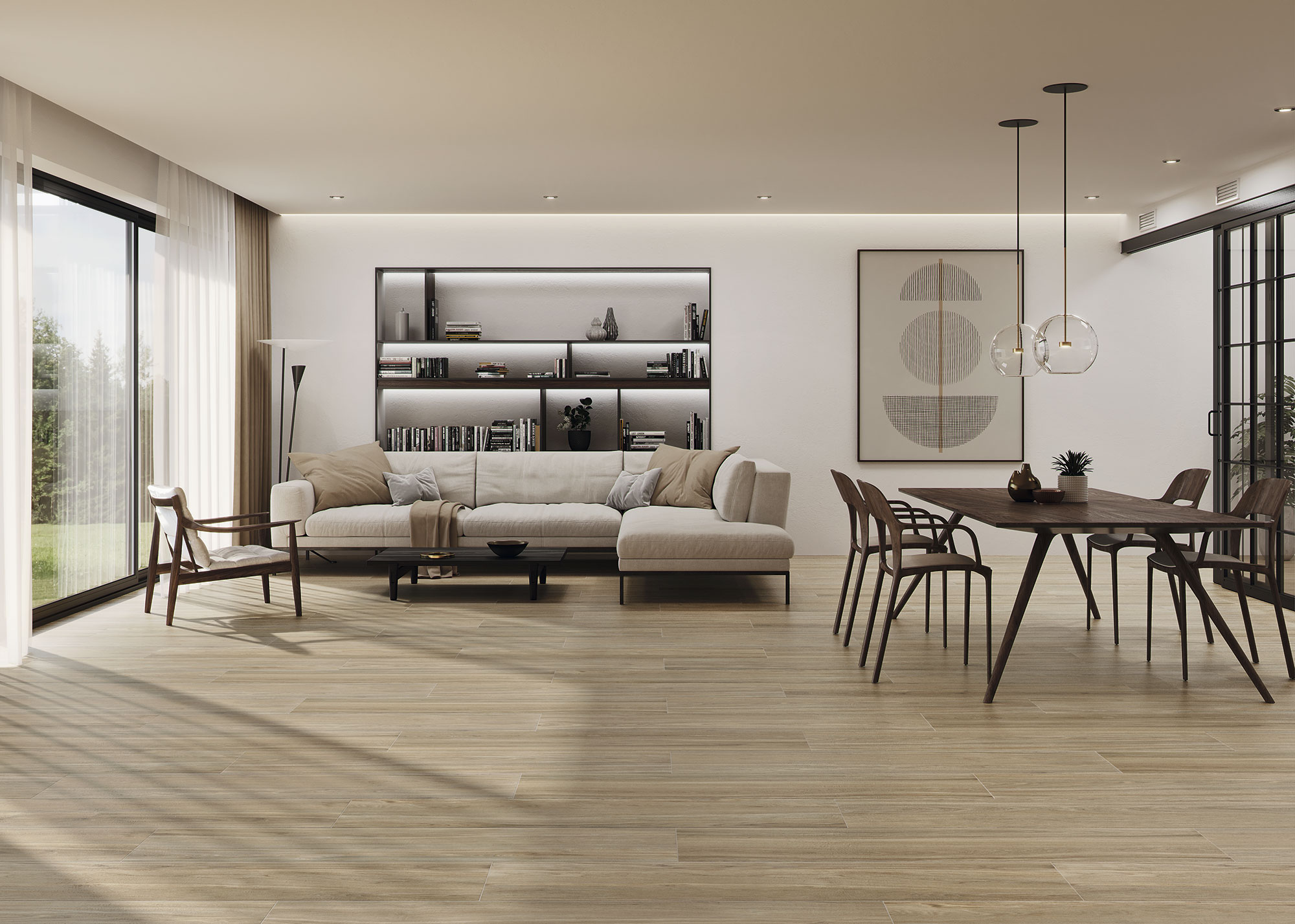 Salón comedor minimalista con suelo cerámico efecto madera, sofá claro y mesa oscura.