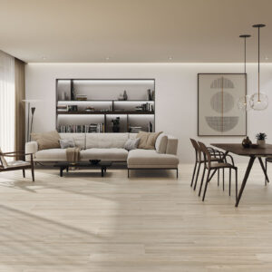Sala y comedor en showroom con pavimento cerámico efecto madera