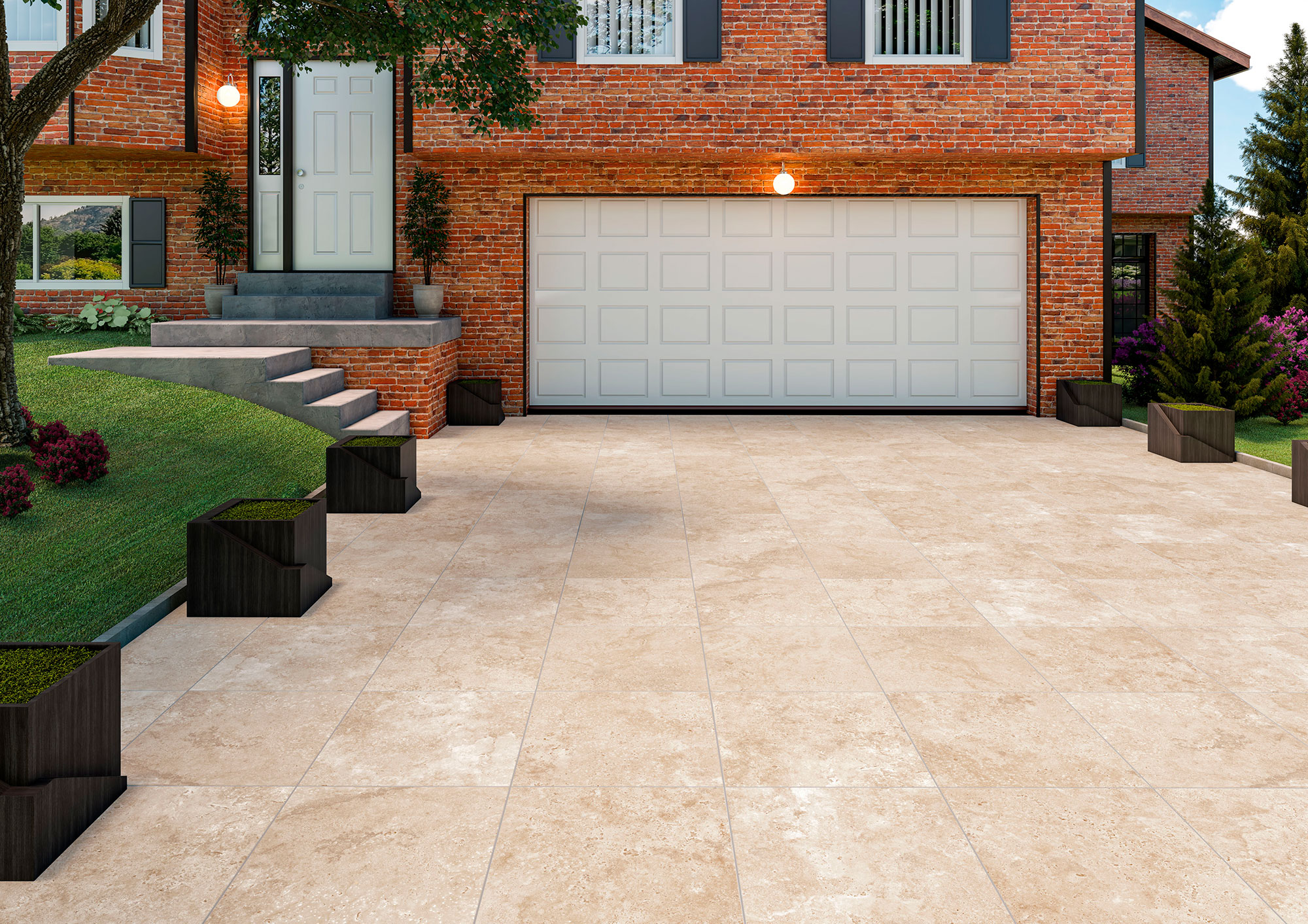 Exposición exterior: pavimento cerámico beige en entrada con fachada de ladrillo y garaje blanco