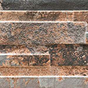 Azulejos cerámicos rectangulares texturados en tonos gris y óxido