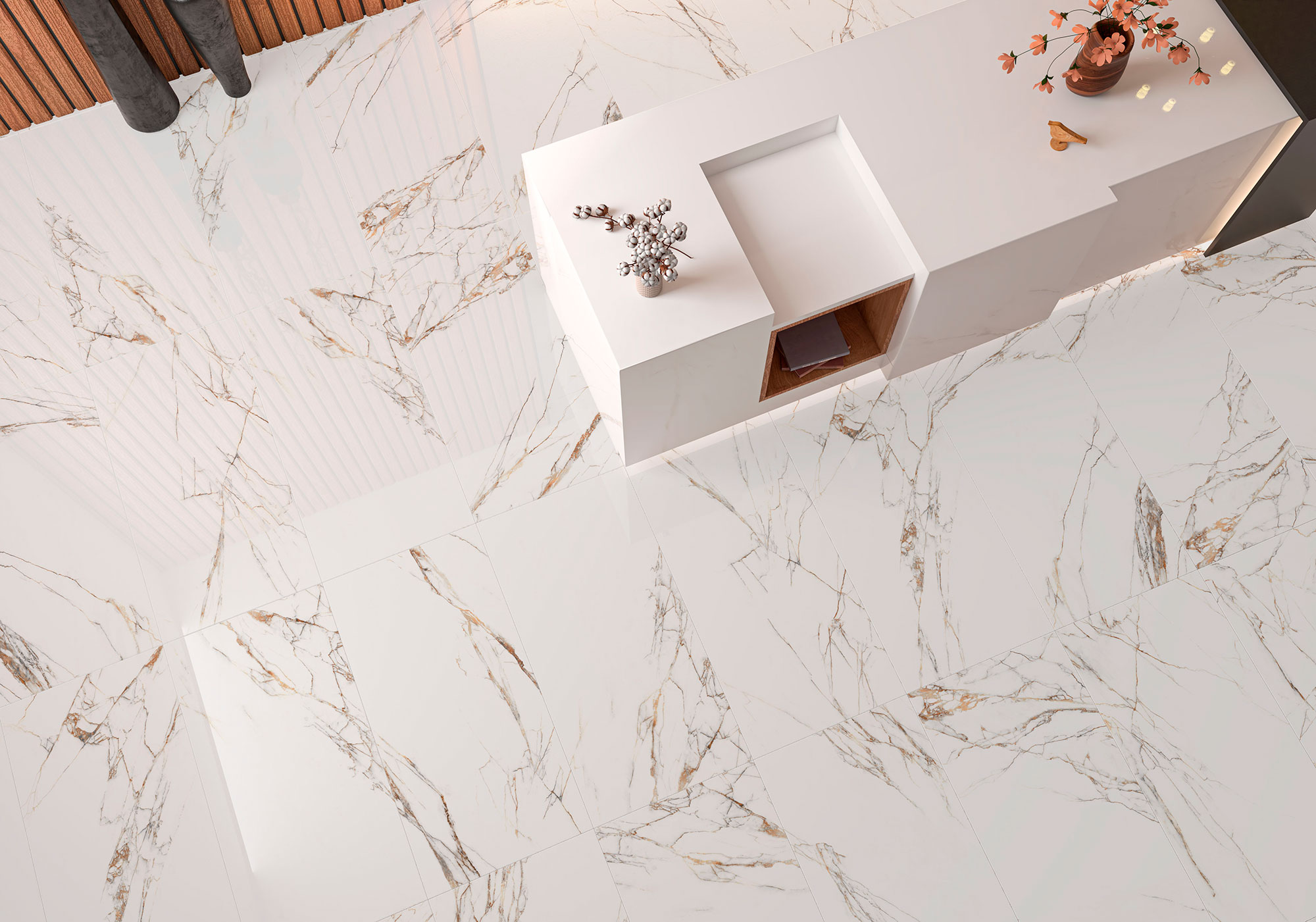 INDAH-WHTE-60X120-DETALLE-HOTEL_HD Mostrador claro sobre suelo porcelánico brillante con vetas doradas tipo mármol