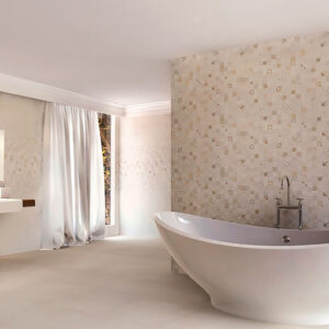 Baño minimalista con bañera exenta, pavimento y revestimiento cerámico en crema