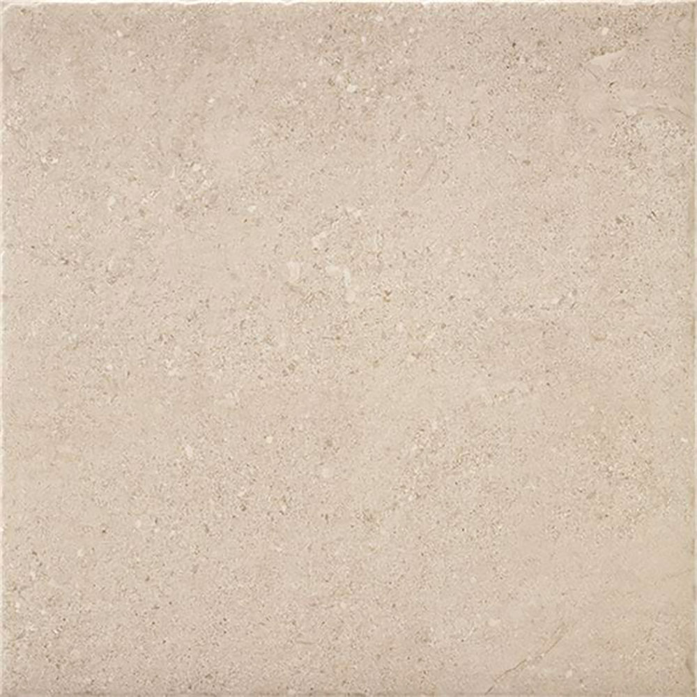 Baldosa cerámica cuadrada beige efecto piedra con textura mate y motas sutiles