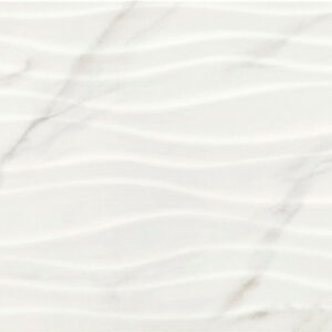 Azulejo cerámico blanco efecto mármol con vetas grises y textura de ondas horizontales