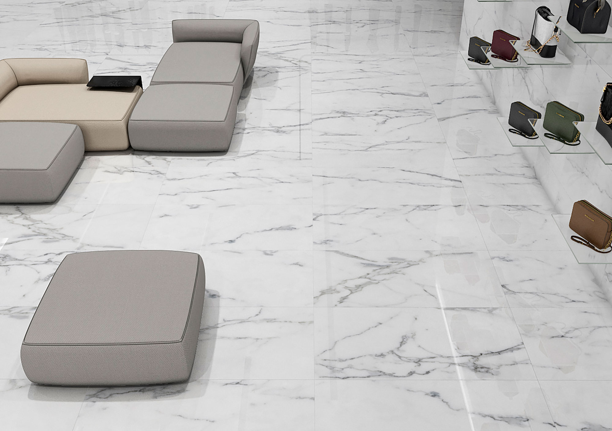 Gres efecto mármol brillante en tienda con asientos modulares y estantes de bolsos.