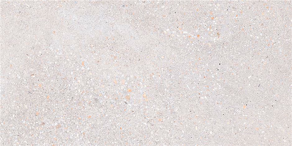 Kreta-pearl-30x60_pasta_roja Baldosa cerámica gris claro tipo terrazo con pequeñas motas naranja y grises
