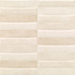 Revestimiento cerámico beige con listones horizontales texturizados