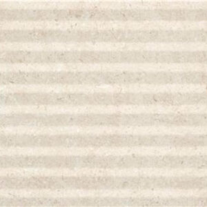 Azulejo rectangular beige con textura y finas franjas horizontales estriadas