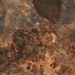 Azulejo cerámico efecto piedra con vetas y manchas marrón óxido, gris