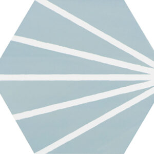 Baldosa hexagonal azul grisáceo con rayas blancas radiales tipo abanico