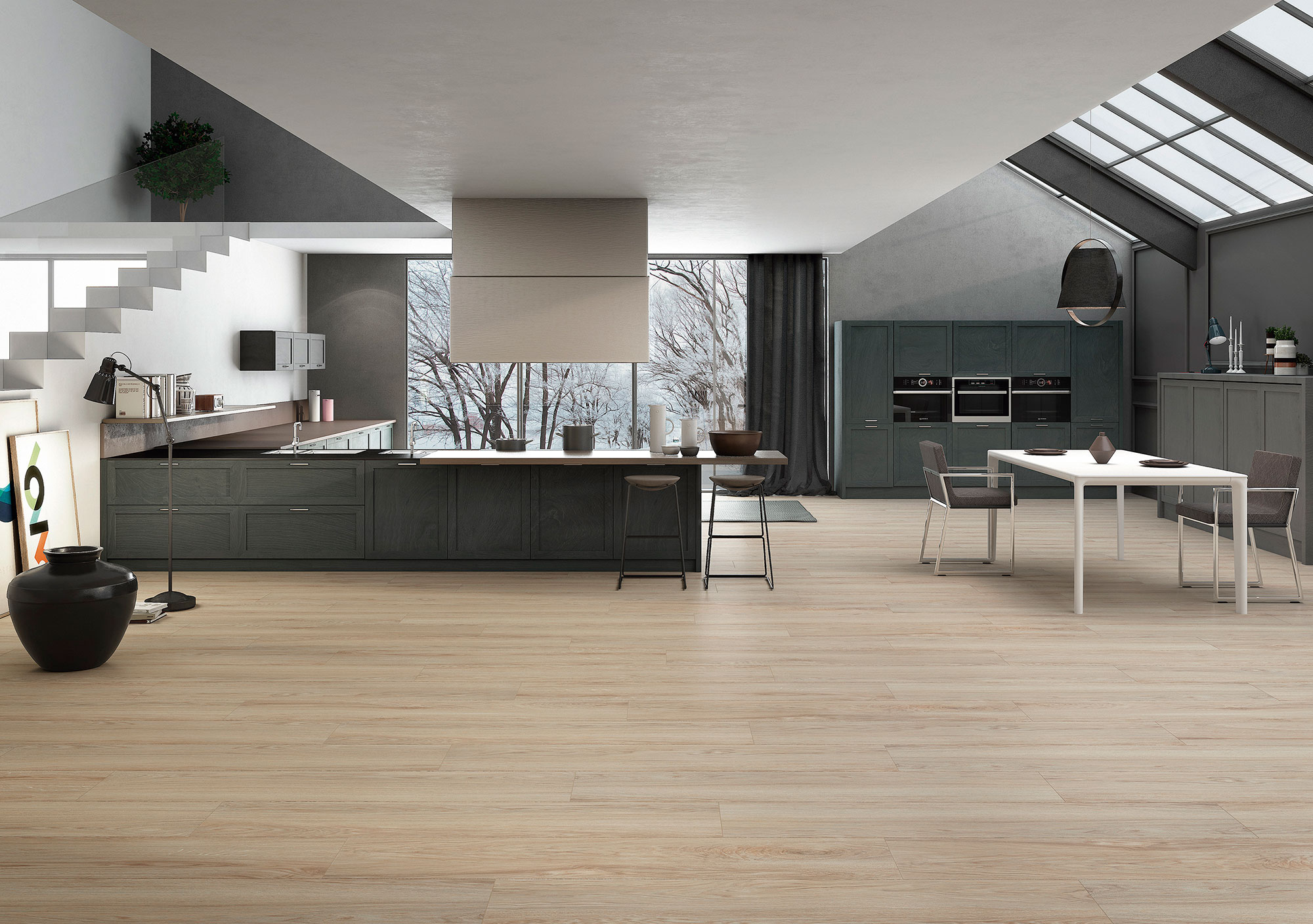 Showroom de cocina con suelo cerámico efecto madera claro y muebles oscuros.