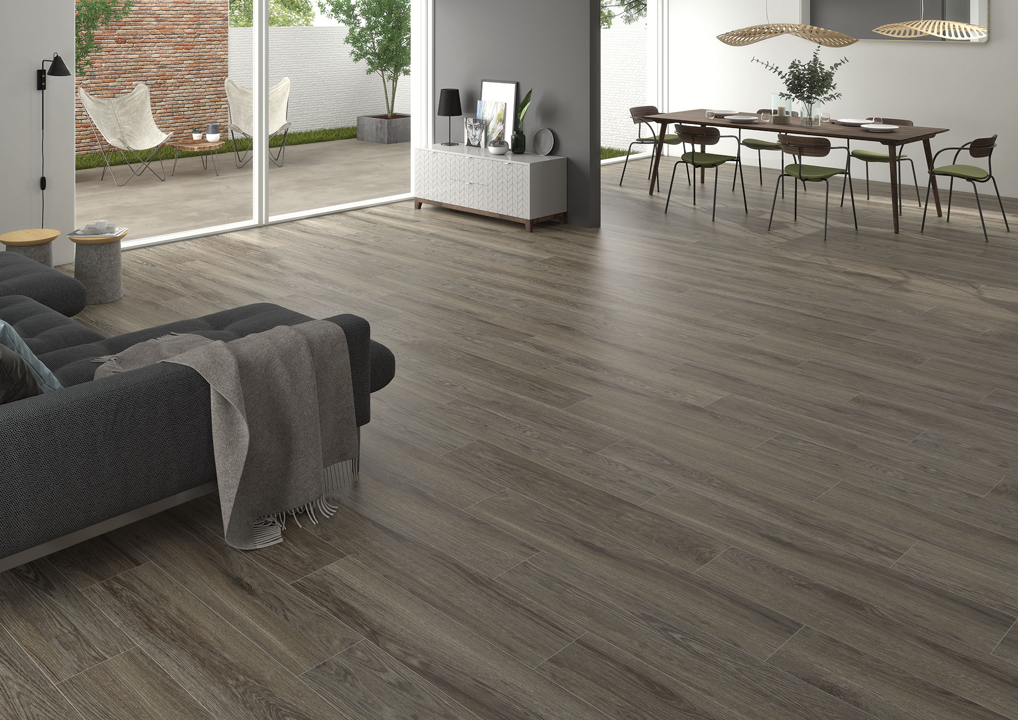 Exposición de suelos cerámicos efecto madera gris en sala y comedor