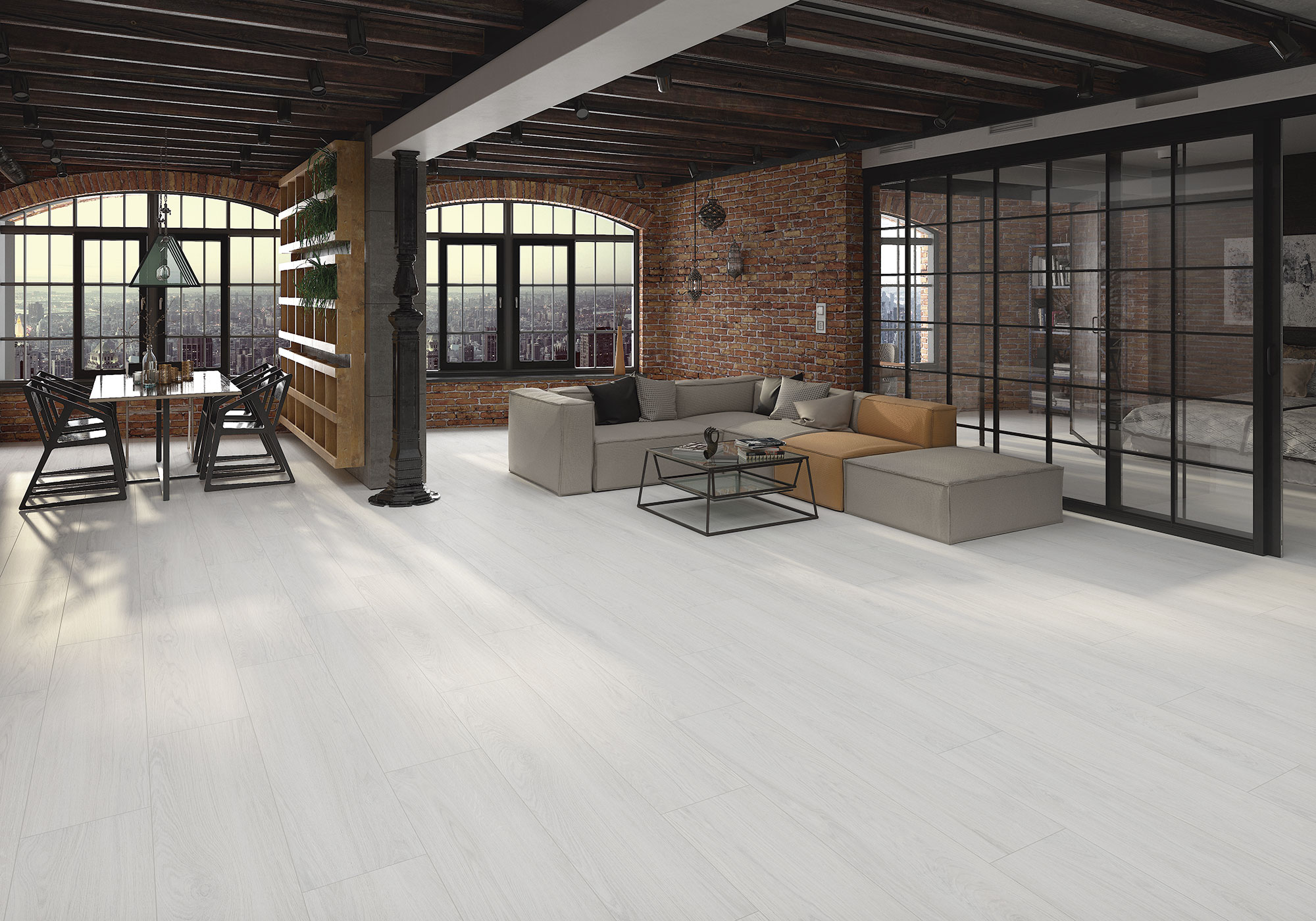 Showroom con pavimento cerámico blanco efecto madera en loft con muro de ladrillo.