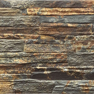 Revestimiento cerámico efecto pizarra en láminas horizontales tonos tierra y gris