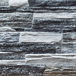Revestimiento cerámico tipo piedra apilada en tonos gris y blanco
