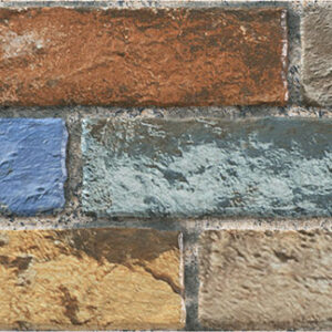 Old-Caravista-Soho-17x52 Revestimiento cerámico efecto envejecido con listones en tonos óxido, azul y beige.