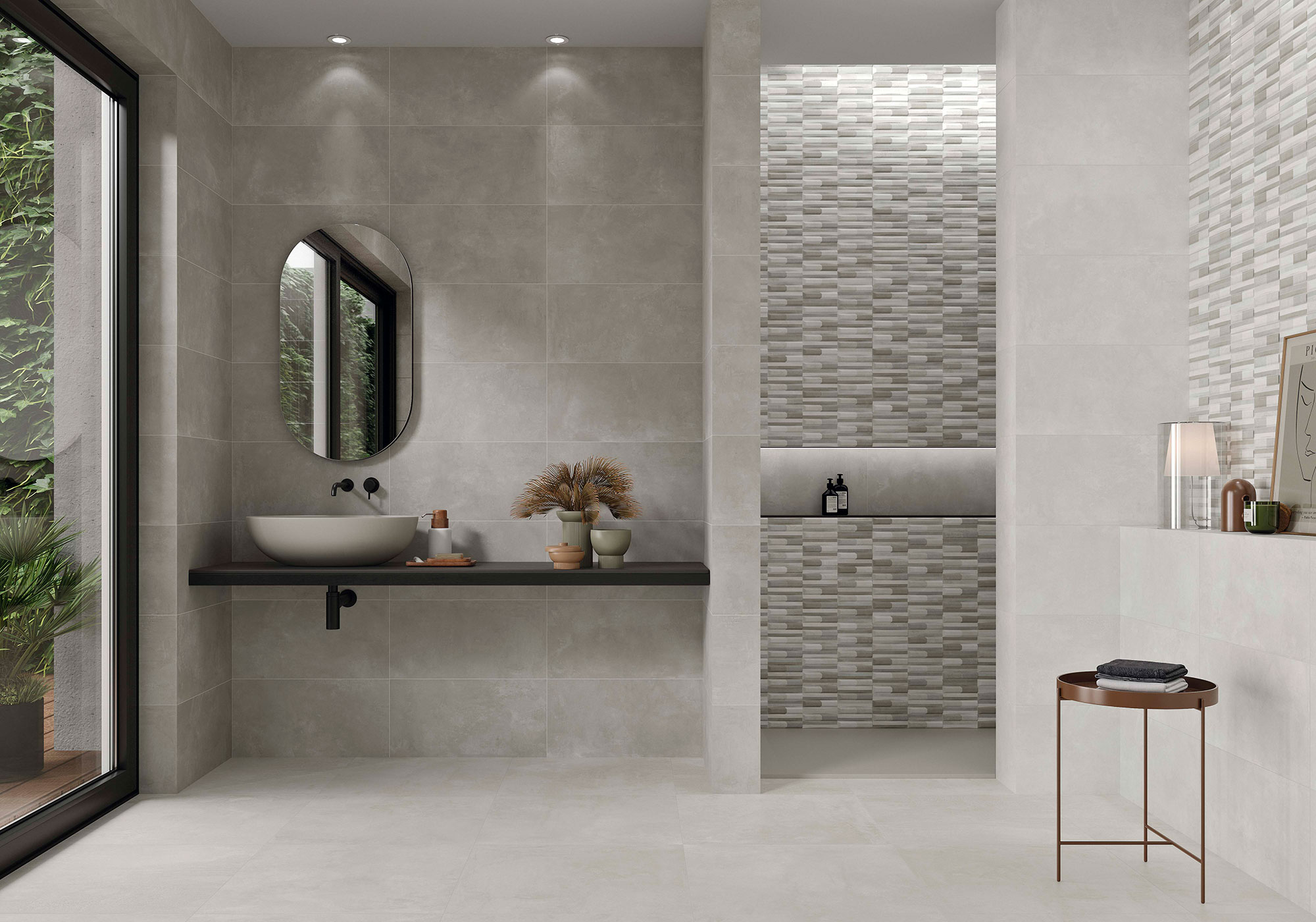 STN-ABM-ELEMENTI-GREY_PEARL-30X60 Baño de exposición con azulejos grises, panel mosaico, lavabo sobre encimera y ventanal