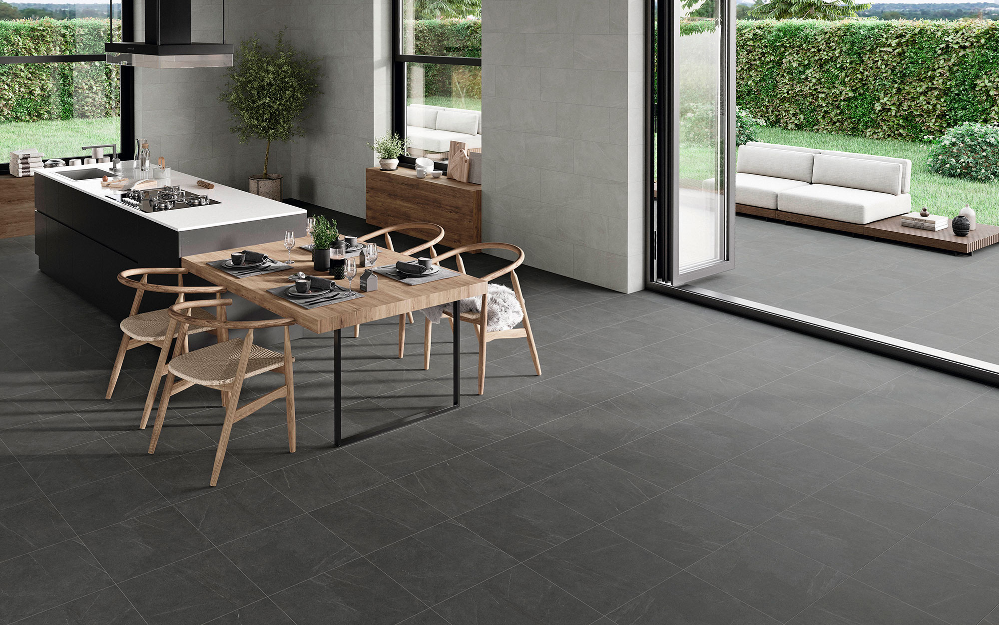 STN-AMB-BELLEVUE-INOUT-GRAPHITE-45X45_WHITE-30X60 Cocina moderna, pavimento cerámico gris y azulejos en pared con salida a jardín