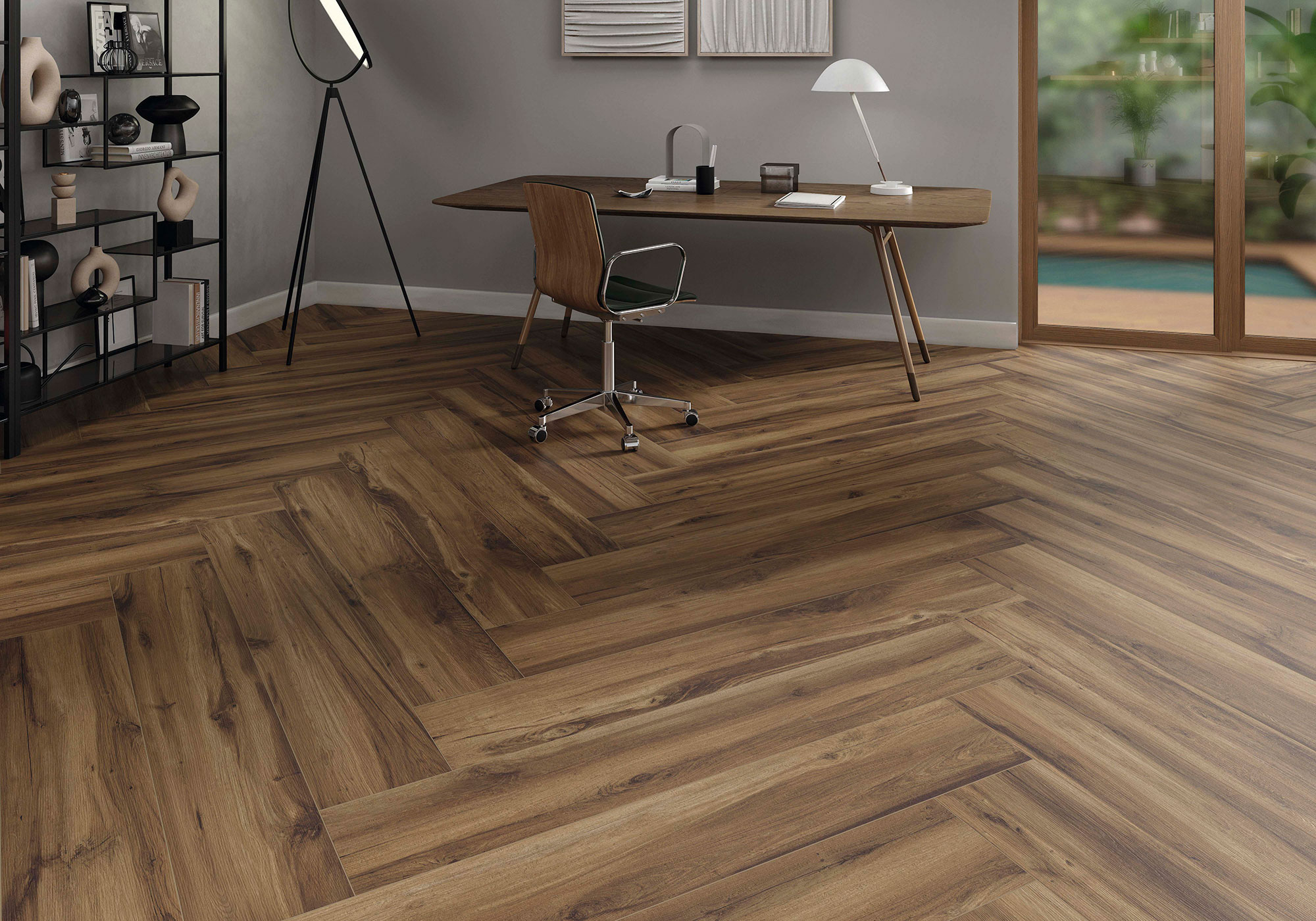 Oficina con pavimento cerámico efecto madera en espiga