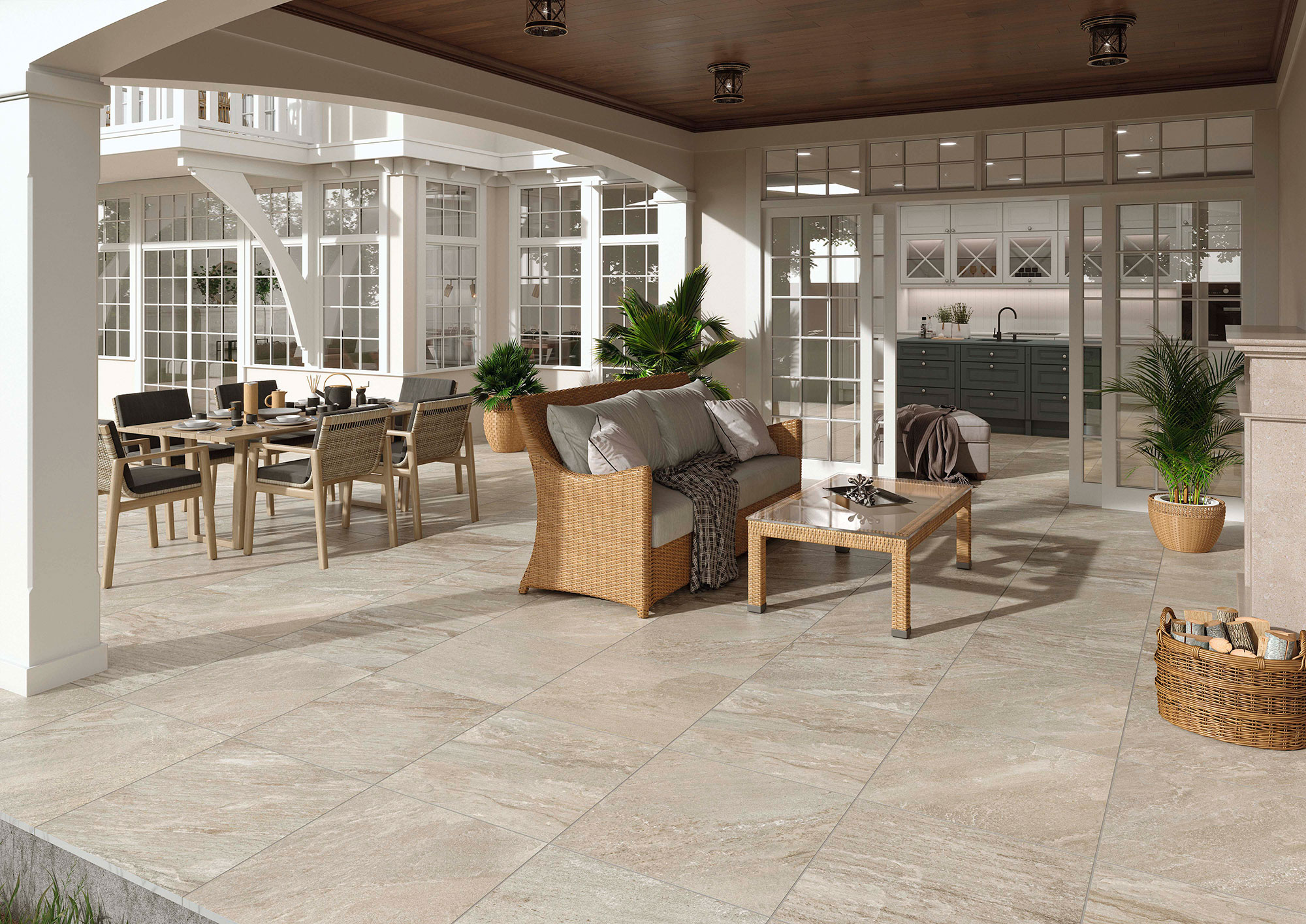 STN-AMB-ICARIA-BEIGE-60X60X2 Terraza de exposición con pavimento cerámico efecto piedra, muebles de rattan y plantas