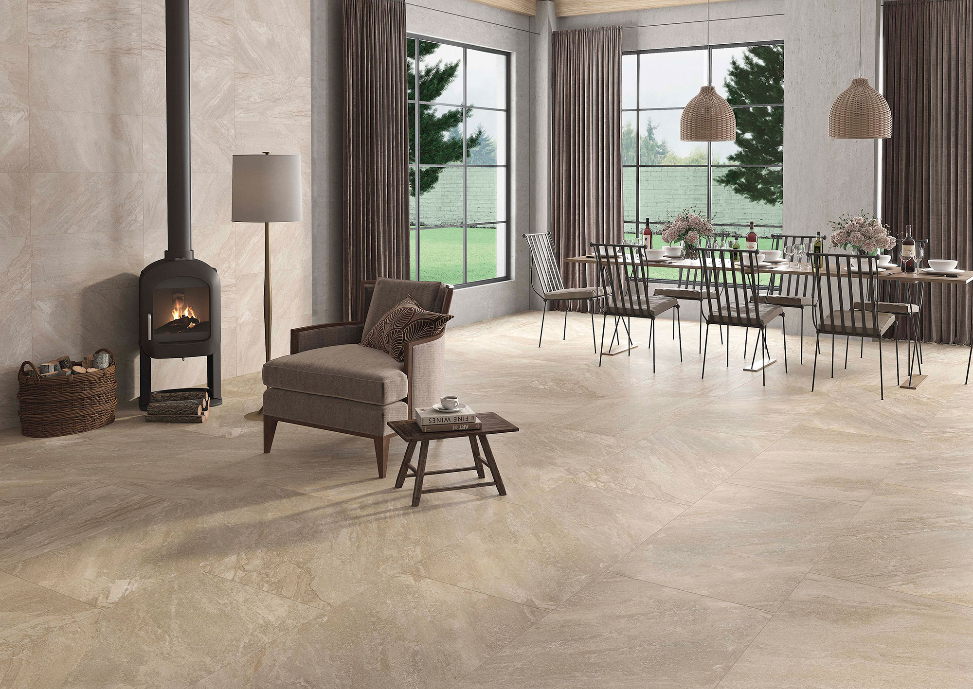 STN-AMB-ICARIA-OCRE-60x120+ICARIA-BEIGE-37x75 Sala comedor con suelos y paredes cerámicas beige, chimenea, sillón y mesa