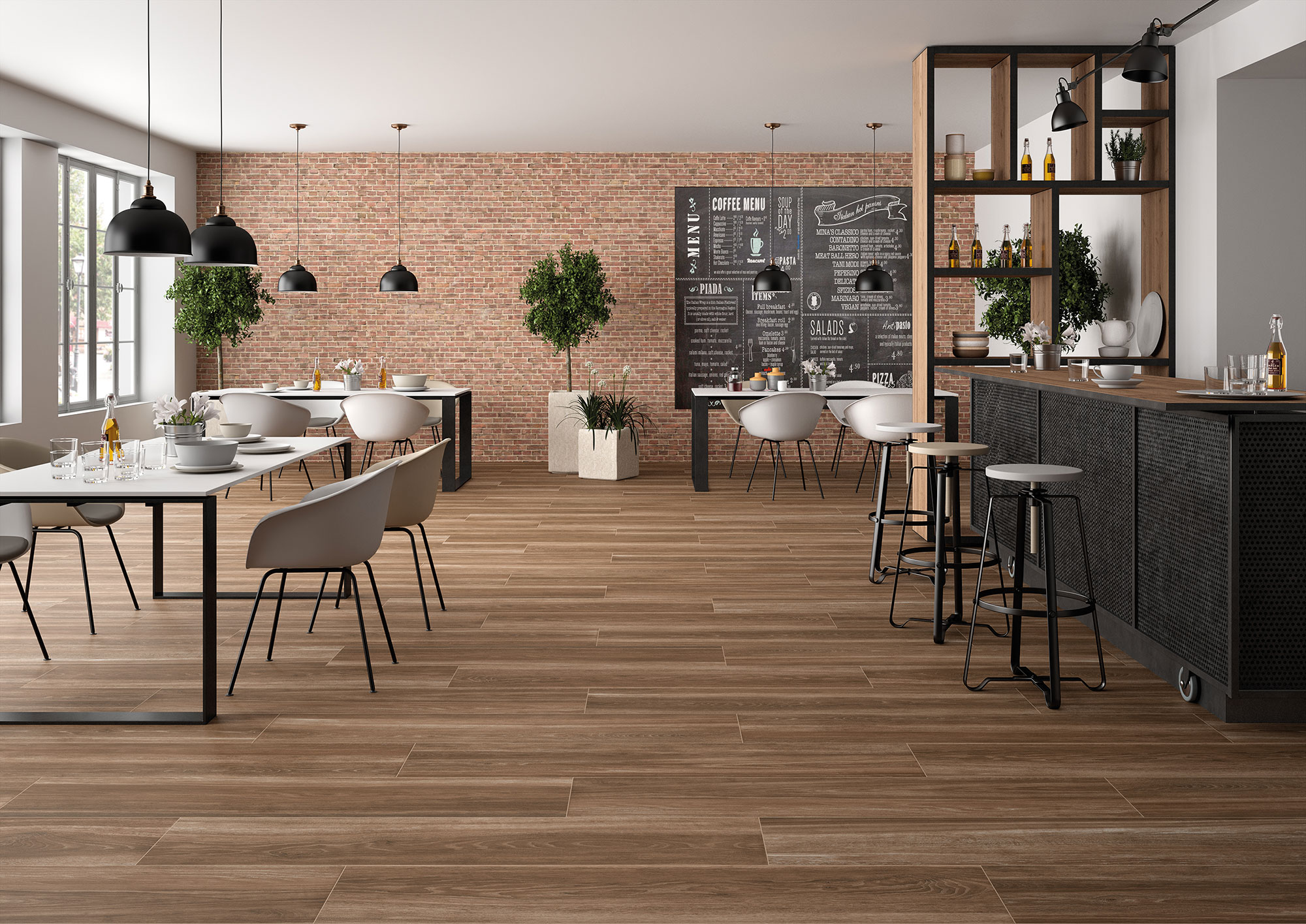 Interior de tienda con pavimento cerámico efecto madera, pared de ladrillo y mobiliario moderno