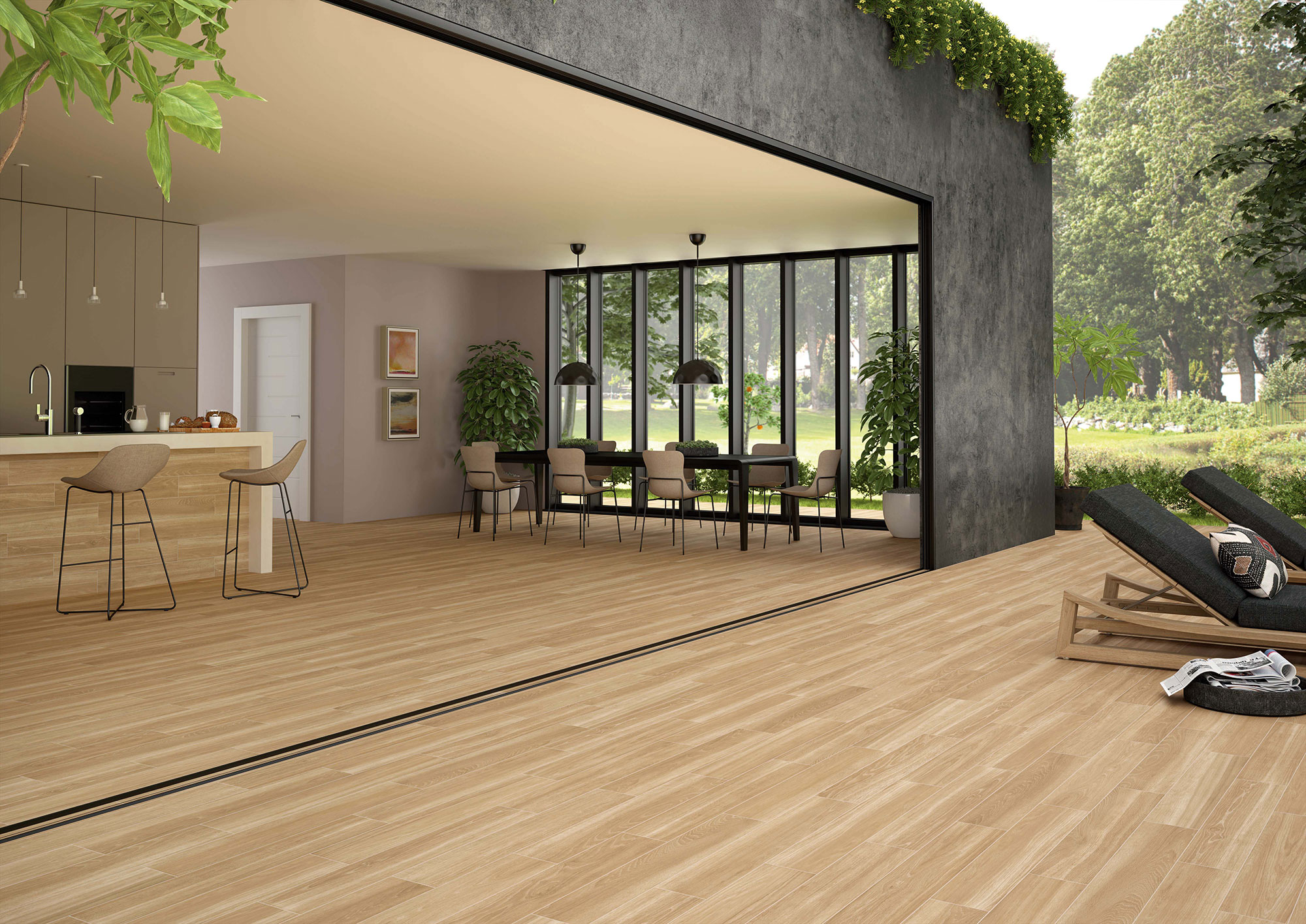 Showroom de pavimento cerámico efecto madera con cocina, comedor y terraza abierta