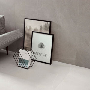 STN-DETALLE-BELLEVUE-GREY-WHITE-60X120 Rincón minimalista con pavimento y revestimiento cerámicos gris, sofá y marcos apoyados.