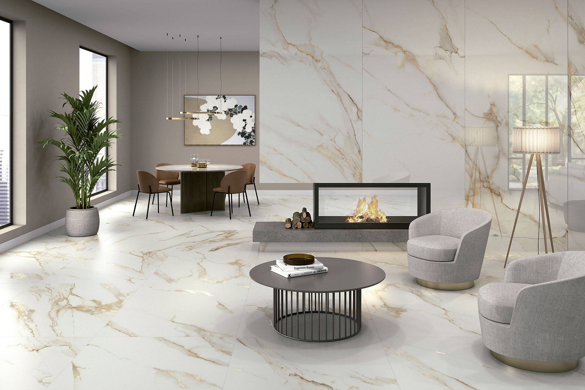 Showroom moderno con suelos y paredes cerámicas efecto mármol blanco veteado dorado.