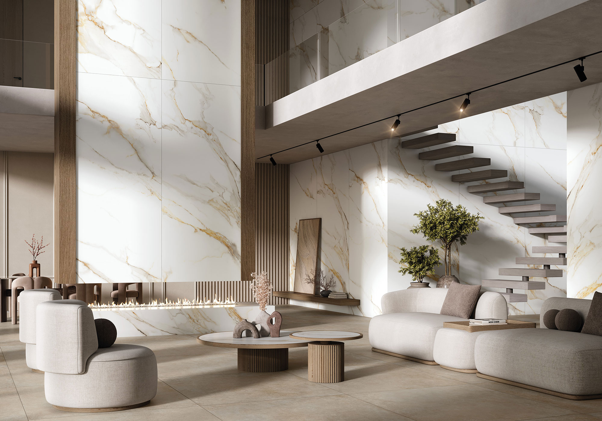 Showroom de cerámica con grandes paneles efecto mármol, sofá curvo y escaleras flotantes