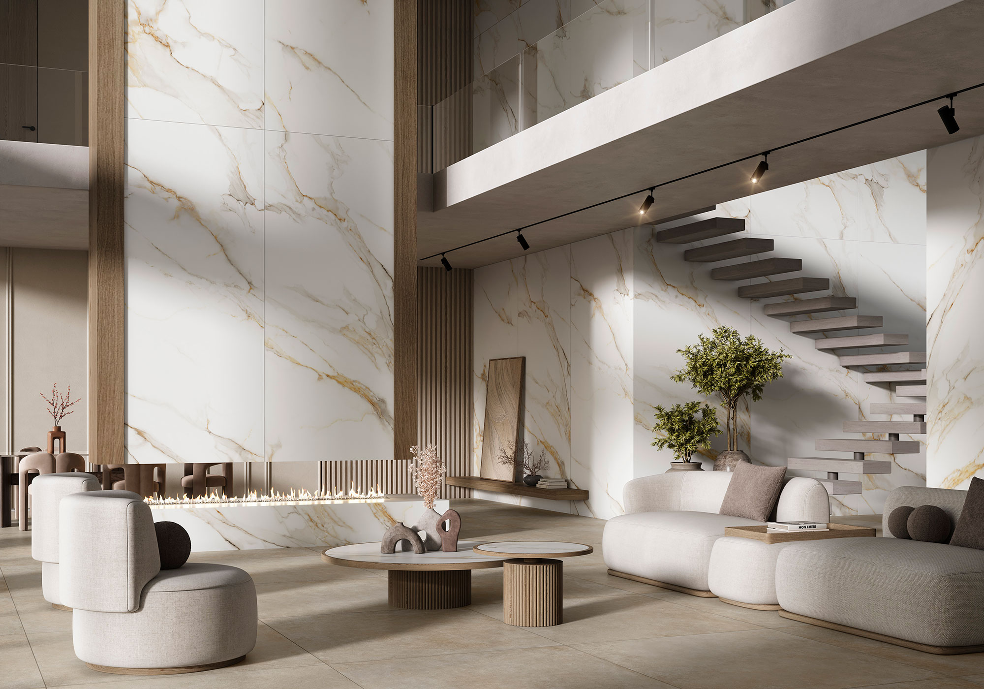 Sala de exposición con paneles cerámicos efecto mármol, suelo porcelánico y mobiliario minimalista