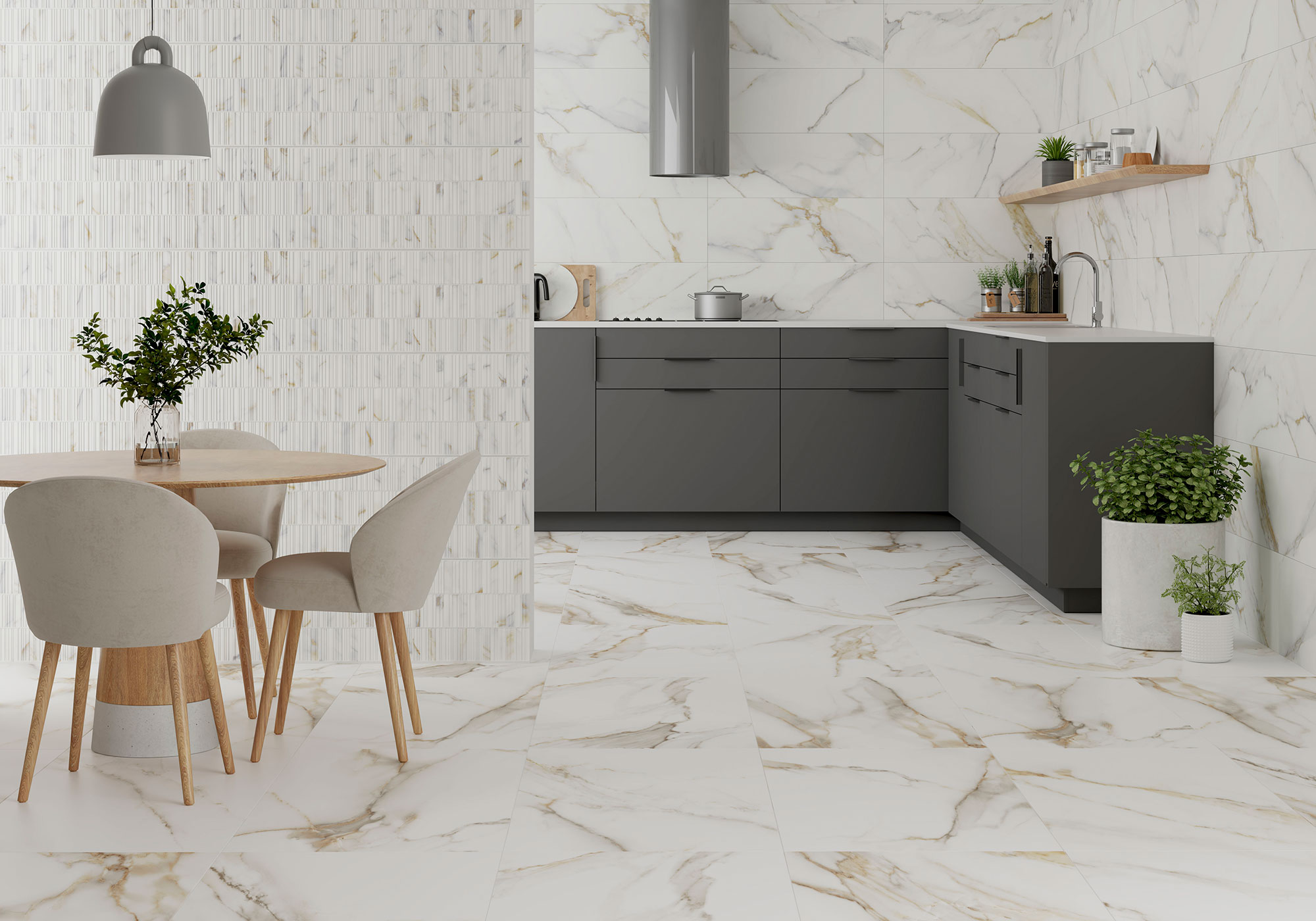 Cocina de exposición con pavimento y revestimiento cerámico efecto mármol y mobiliario gris