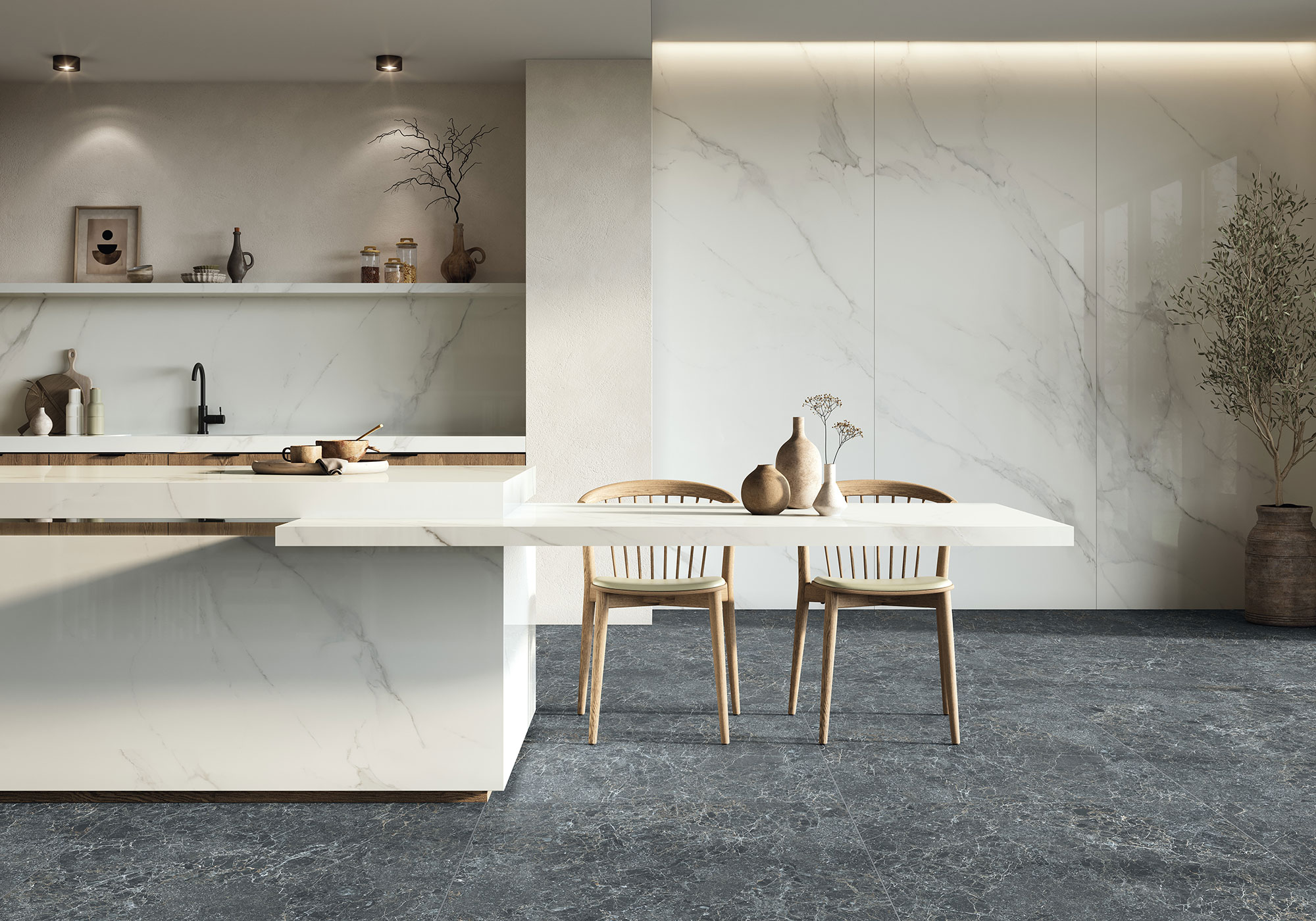 Cocina exposición con isla, revestimiento cerámico blanco y pavimento gris marmóreo