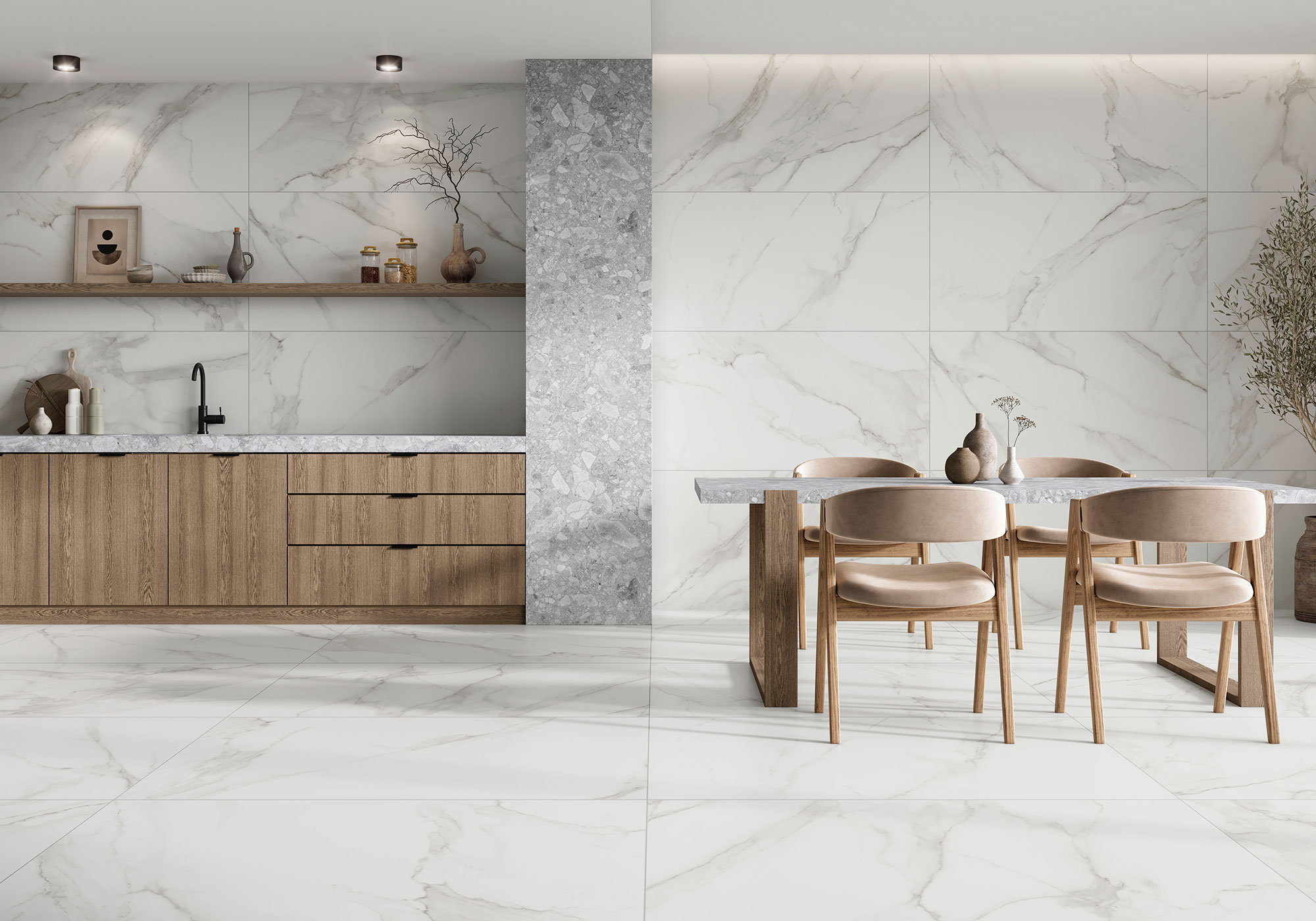 Cocina comedor con grandes azulejos efecto mármol en suelo, pared y mobiliario de madera