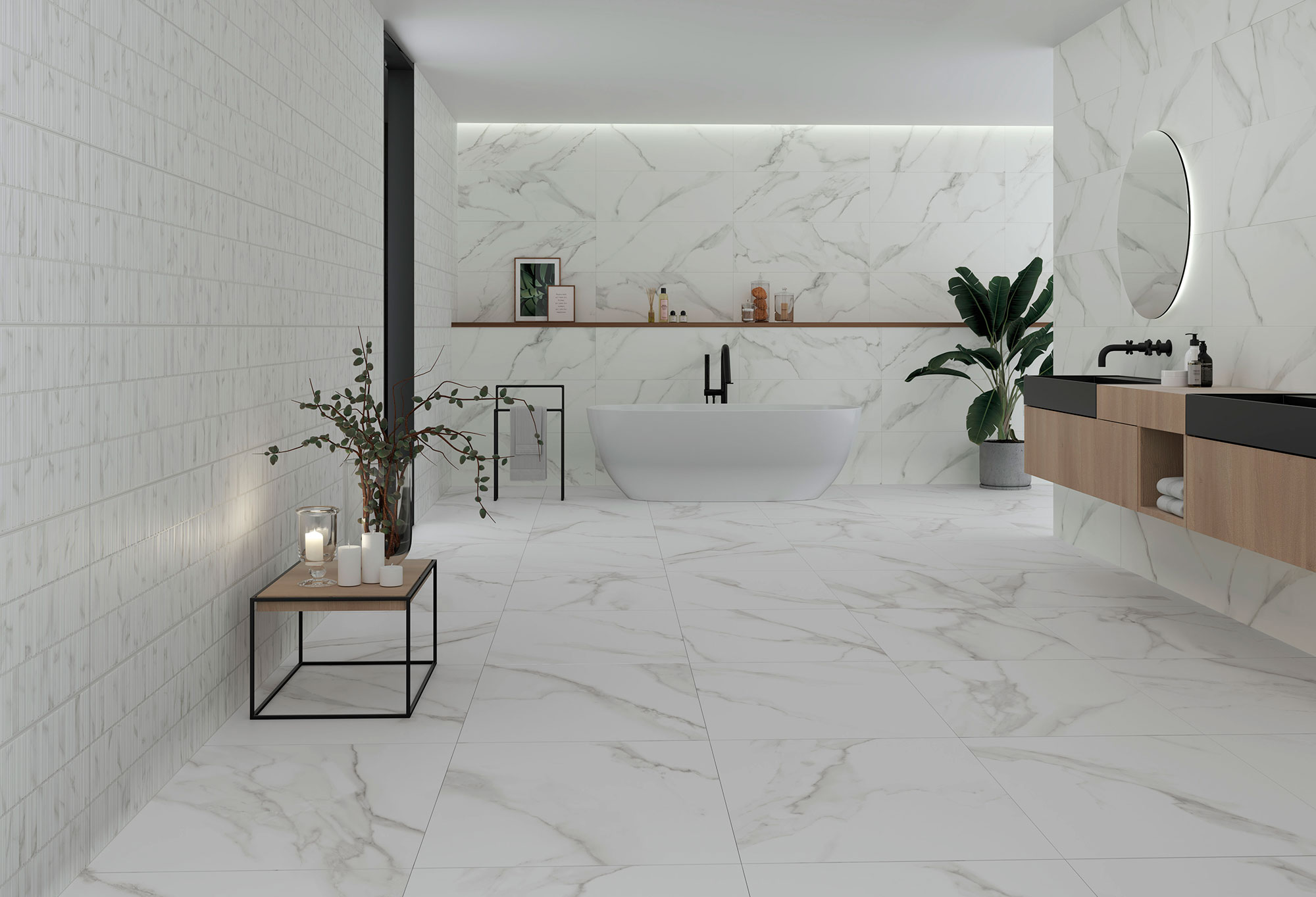 Escenario de baño con pavimento y revestimiento cerámico efecto mármol