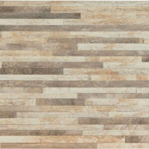 Revestimiento cerámico tipo listones de madera en tonos beige y gris
