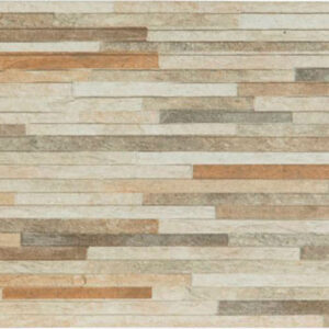 Revestimiento cerámico listón en tonos beiges, grises y óxido