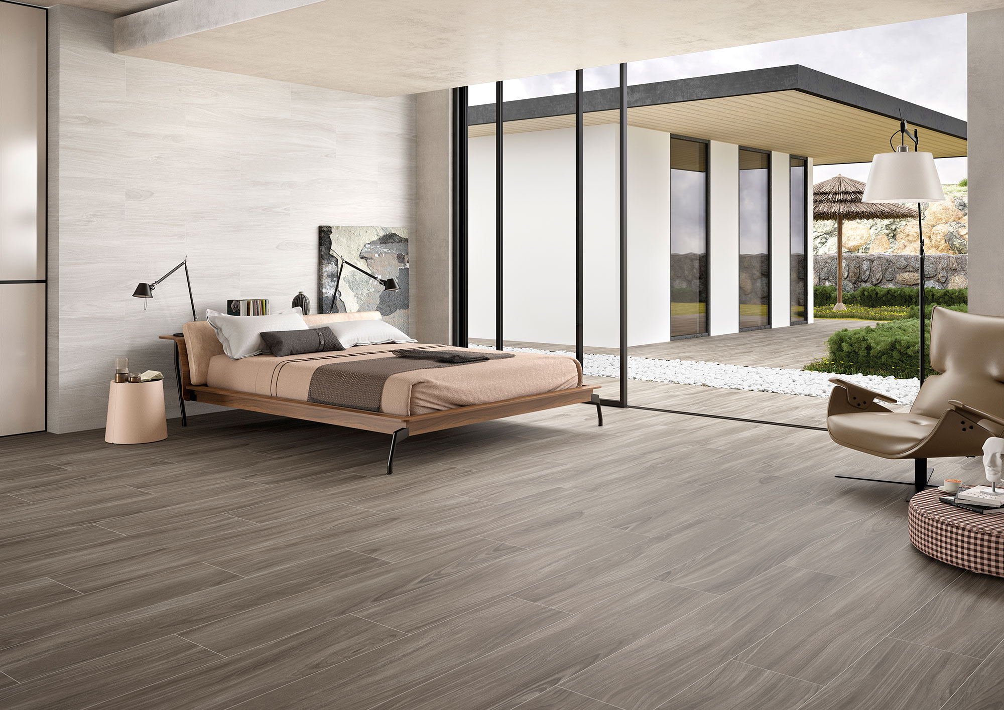 Dormitorio moderno con pavimento y revestimiento cerámico efecto madera gris