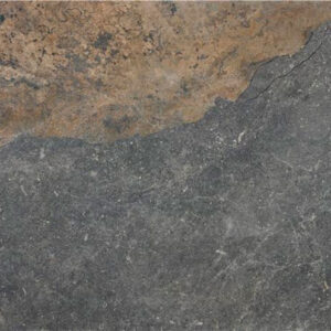 Baldosa cerámica gris efecto pizarra con vetas y zona ocre