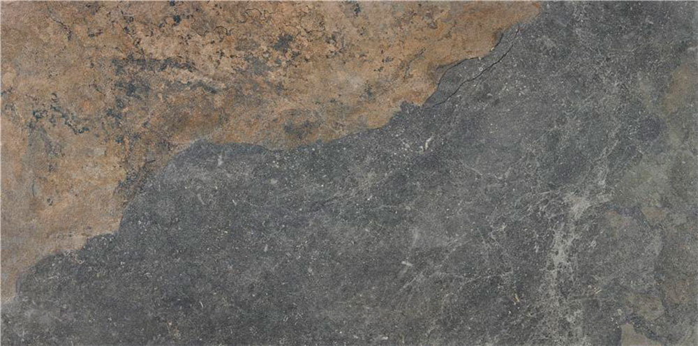 Baldosa cerámica gris efecto pizarra con vetas y zona ocre