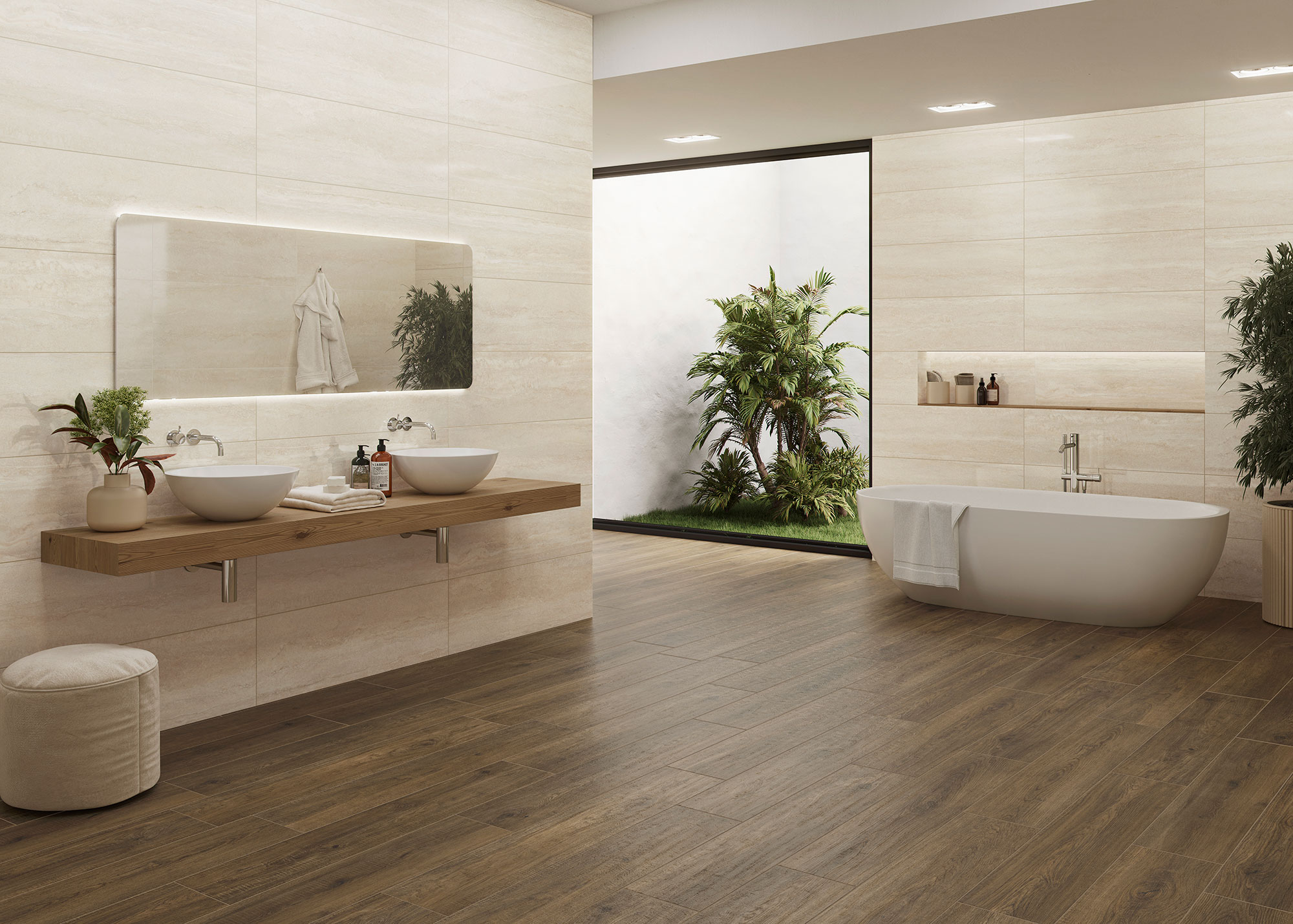 Baño moderno con suelo cerámico efecto madera, paredes de azulejo crema y bañera exenta