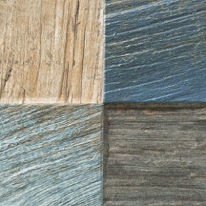 Azulejos cerámicos con efecto madera y texturas desgastadas en tonos azul, gris y beige